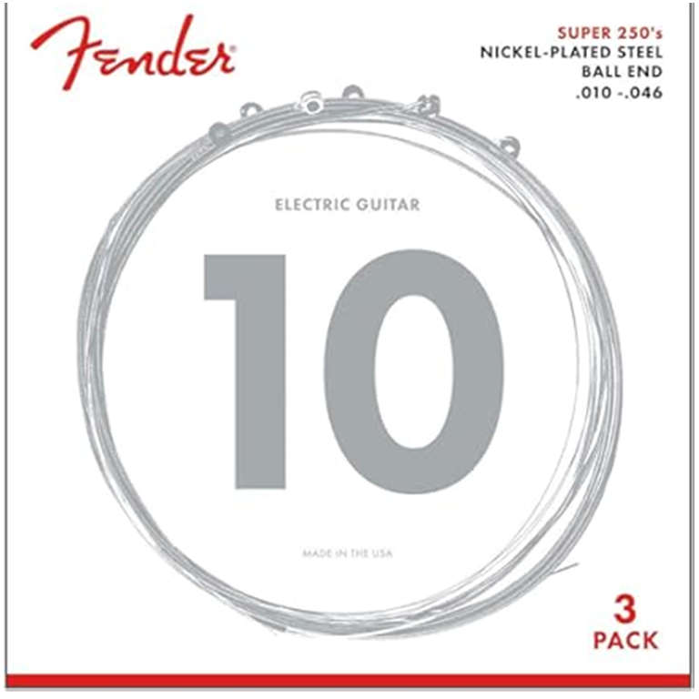 Fender Super 250 Electric Guitar Strings, Nickel Plated Steel, Ball End, 250R .010-.046, 3-Pack