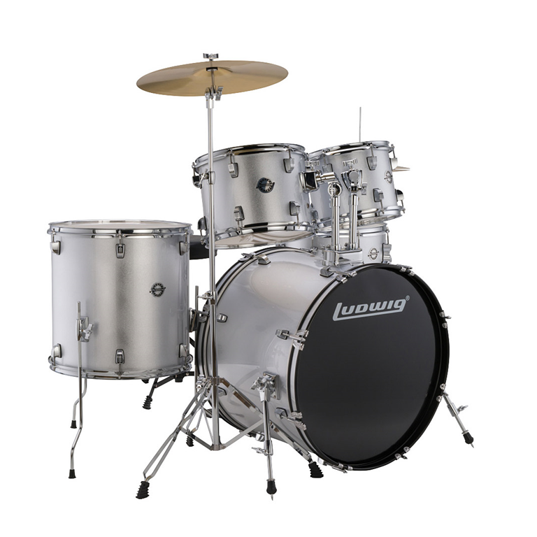 Ludwig Accent 5-piece Complete Drum Set with 22 inch Bass Drum and Wuhan Cymbals – Silver